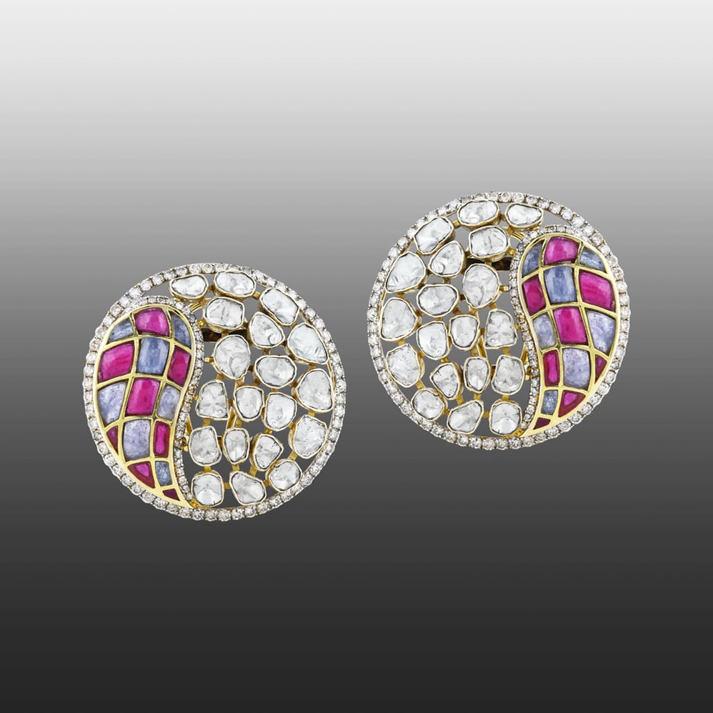 Polki Earrings with Pink and Purple Talaf in Circular Design